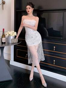 DAZY Women's Sequin Mesh Sleeveless Slit Dress, Elegant - White - View 4