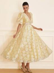 Aveloria Rosie New Elegant V-Neck Rose Jacquard Waist Flared Puff Sleeve Mini Dress