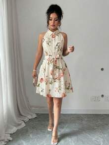 SHEIN Elenzya Sleeveless Shirt Dress With Waist Cinching A-Line Floral Print, Elegant & Romantic Women's Vacation Dress - Multicolor - View 6