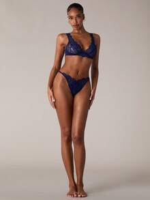 SHEIN BAE Conjunto de lencería sexy de sujetador y pantie con encaje floral - Azul Marino - Ver 3
