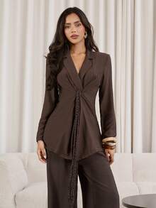Modelyn Women's Fashion Distressed Pleated Collar Blazer Brown Blazer Women Suit Jacket For Women - Coffee Brown - View 7