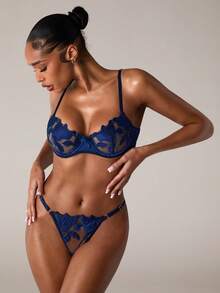 SHEIN BAE Women's Embroidered Mesh Contrast Sexy Lingerie Set - Blue - View 4