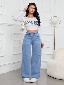 Jeanoix Jeans rectos de cintura alta lavados de manera casual - Lavado ligero - Ver 3