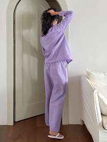 DAZY Casual Plaid Contrast Trim Women Pajama Set - Purple - View 2