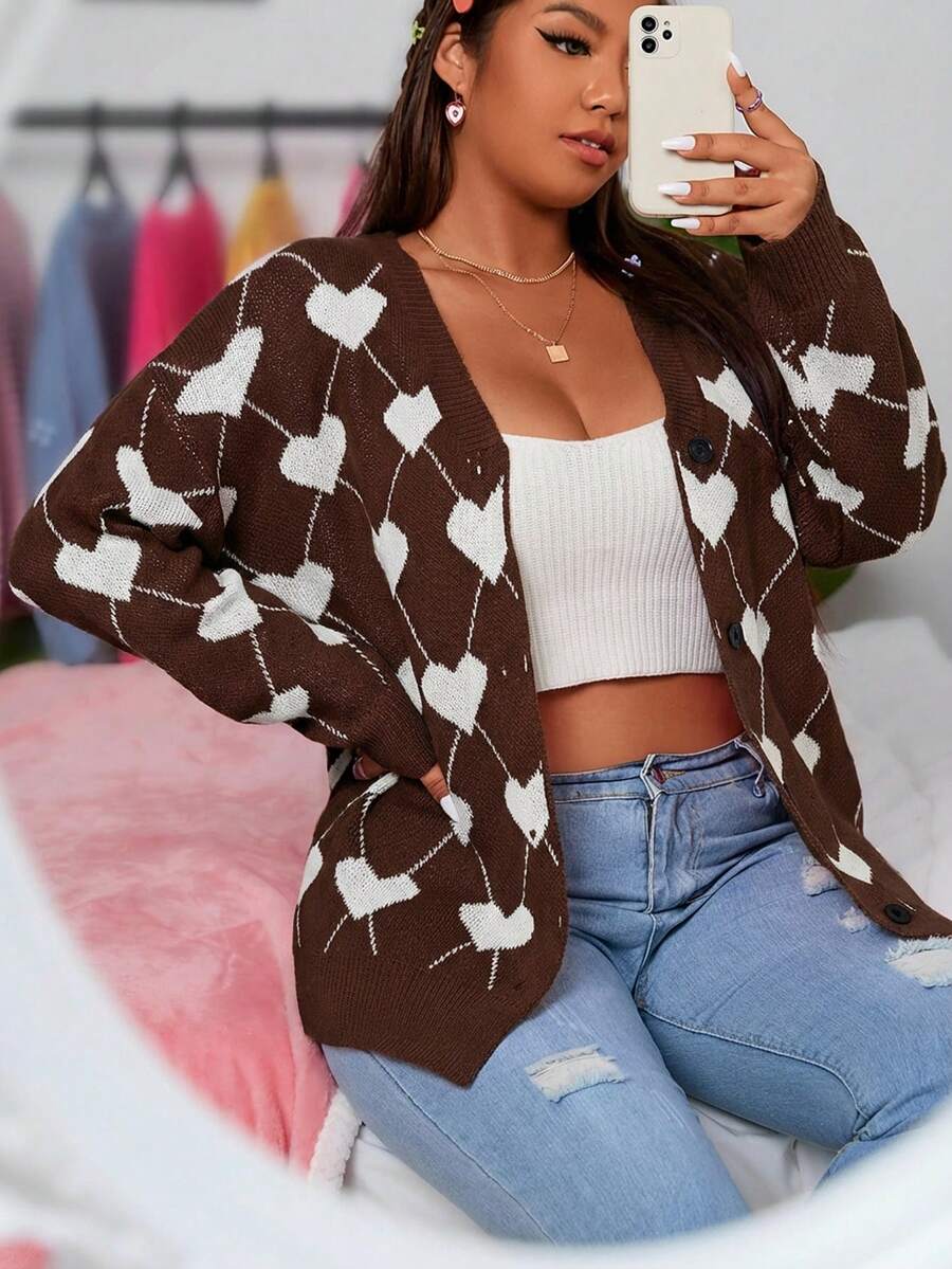 EURMUSE Plus Size Casual Hjärt- & Diamantmönster Kofta, Höst/Vinter - Brun - Visa 1