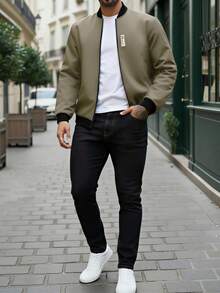 Manfinity Homme 男士贴花棒球领拉链休闲长袖夹克