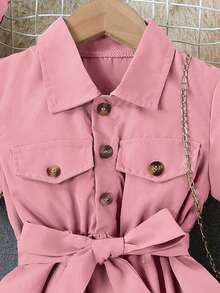 SHEIN 小女童翻蓋細節襯衫連衣裙&帽 - 粉色 - 查看 3