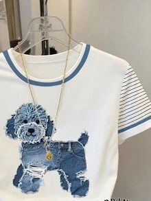 Resyla Camiseta casual de mujer de manga corta con cuello redondo y estampado de perro de dibujos animados - Blanco - Ver 3