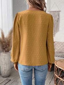 EMERY ROSE Elegant Solid Color Lace Patchwork Keyhole Neck Lantern Sleeve Blouse, Autumn For New Year Clothes Boho Blouses Mustard Top - Mustard Yellow - View 2