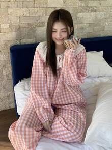 Dazy Plus 大码女士休闲格子睡衣套装，宽松拼接彼得潘领上衣和直筒裤，春秋季睡衣 - 粉色 - 查看 7