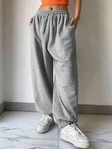 DAZY Quần dài thể thao nữ dáng rộng, cạp chun, bo gấu, kiểu Y2K - Xám - Xem 4