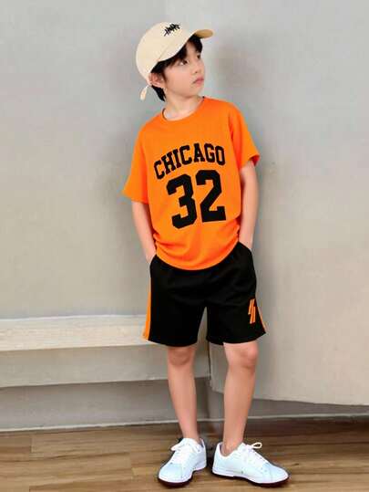 Fantacosmos 男童运动休闲字母印花短袖T恤和短裤套装（2件套），夏季