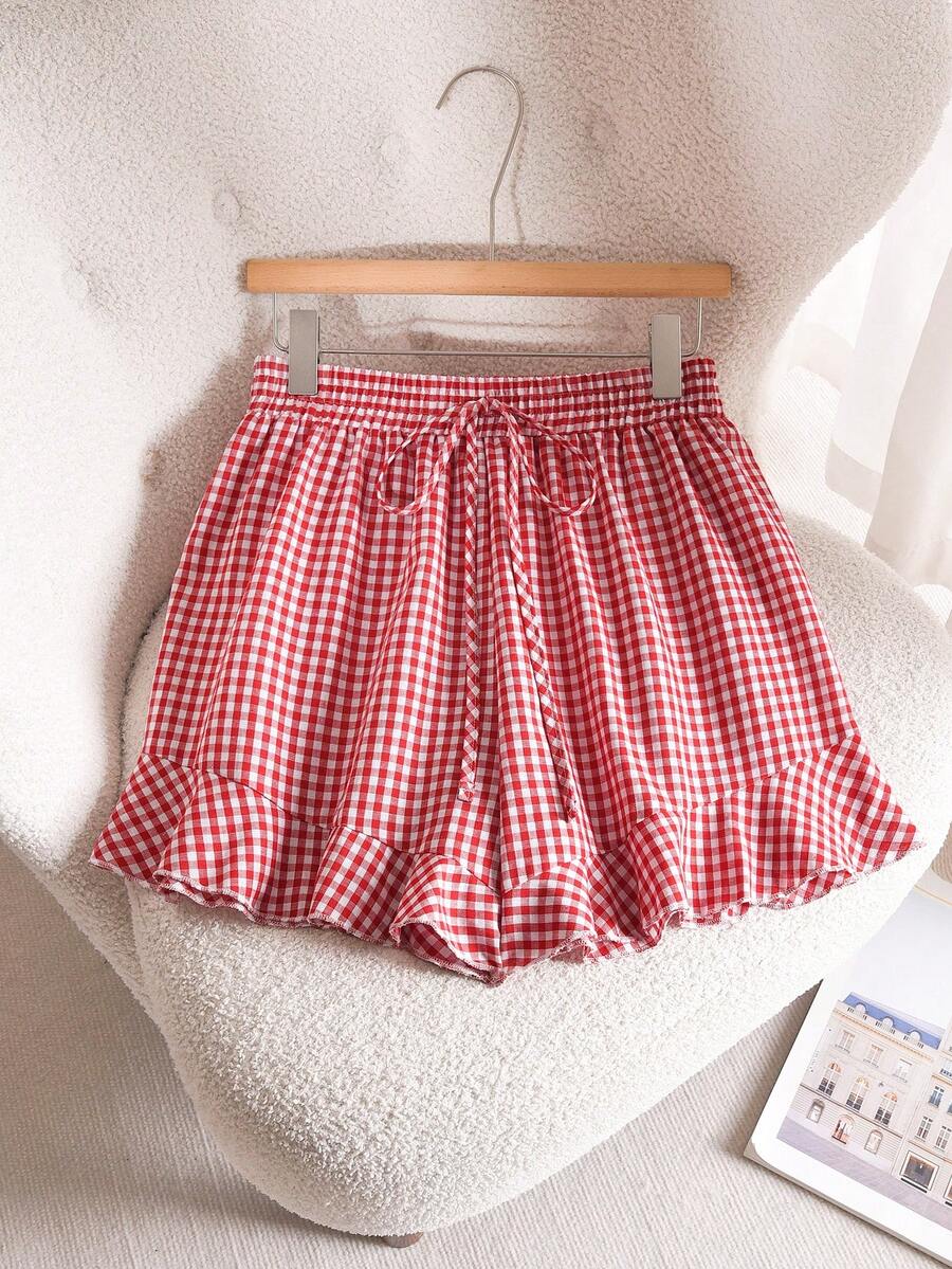 CosyJoli 大码女式夏季休闲碎花系带荷叶边宽松短裤 - 紅色 - 查看 1