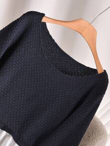 CosyJoli Suéter plus size casual com gola redonda, cintura marcada, manga bufante, patchwork e barra com babados. Blusa de crochê, blusa de tricô, blusa com detalhes vazados, blusa cottagecore para outono/inverno. - Azul marinho - Ver 4