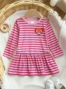THE POWERPUFF GIRLS X SHEIN Baby Girl Casual Striped Cartoon Pattern Ruffle Hem Long Sleeve Dress, Autumn - Pink - View 1