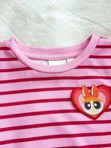 THE POWERPUFF GIRLS X SHEIN Baby Girl Casual Striped Cartoon Pattern Ruffle Hem Long Sleeve Dress, Autumn - Pink - View 3