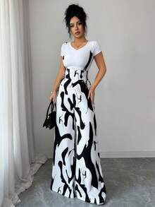 Elenzga Women's Elegant Digital Print Straight Leg Pants With Suspender And Button Decor, High-Waisted Design To Accentuate Curves, Versatile For Formal Work, Commute, Sexy Attire, Romantic French Style, Casual Outings, Vacations, Middle Eastern Vintage Themed Events, Cozy Afternoon Tea Gatherings, Glamorous Parties, As Well As New Year, Thanksgiving, Christmas, Valentine's Day And Other Holiday Celebrations - Black and White - View 3