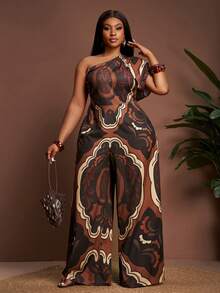 Veslaya 大码女式度假植物印花单肩蝙蝠袖短袖时尚阔腿连体裤 - 彩色 - 查看 7