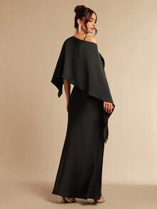 Silquee 纯色不对称领修身披肩连衣裙 - 黑色 - 查看 2