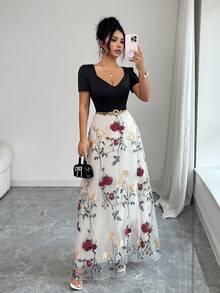 SHEIN Elenzya 优雅网纱撞色连衣裙，夏季刺绣网纱连衣裙，女士长裙，夏季吊带连衣裙，女士春季连衣裙，女士度假连衣裙，也适合作为婚礼宾客礼服、优雅连衣裙或乡村音乐会服装。通勤休闲返校季教师工作连衣裙 - 彩色 - 查看 5