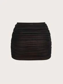 SHEIN EZwear Chân váy mini ôm sát màu đen xếp ly bằng lưới dành cho nữ. - màu đen - Xem 9