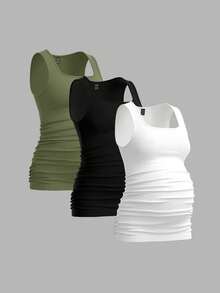 Modmama 3pcs Tank Top Wanita Hamil Warna Polos yang Melangsingkan, Kasual & Sederhana, Sempurna untuk Musim Panas - Hijau Tentara - View 4