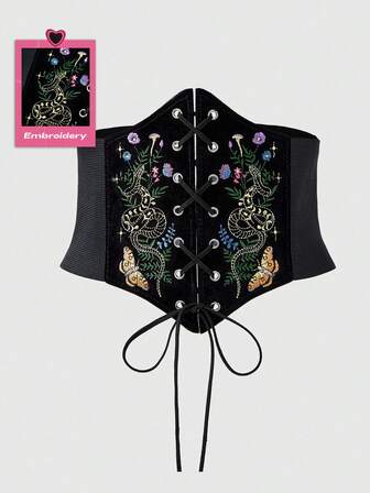 1 Stück Damen schwarzes Spitze Kette Schädel Kreuz Dekor elastischer Taillengürtel Gothic Kleid Accessoire für Halloween