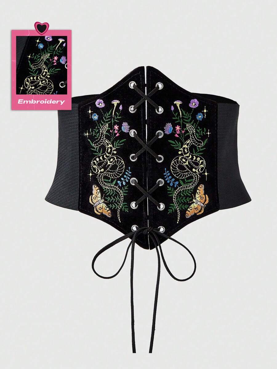 ROMWE 1pc Women Black Lace Chain Skull Cross Tie Decor Elastic Waistband Goth Dress Accessory For Halloween