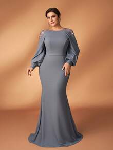 Serin Plus Size Rose Gold Spring Elegant Evening Mermaid Dress,Gray Sequin Embroidered Patchwork Elastic Knit Asymmetric Ruffle Sleeve Fitted Party Gown - Grey - View 10