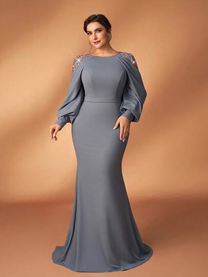 Serin Plus Size Elegant Luxurious Gray Sequin Embroidered Patchwork Elastic Knit Asymmetric Ruffle Sleeve Fitted Mermaid Dress With Belt, Suitable For Evening Party, Date, Prom, Wedding Guest, Mother Of The Bride Dress