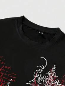 ROMWE MEN Men's Wing Print Round Neck Casual Long Sleeve T-Shirt - Black - View 3