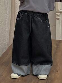 DAZY Young Boy Casual Everyday Commute Minimalist Elastic Waist Cuffed Hem Loose Wide Leg Jeans - Black - View 7