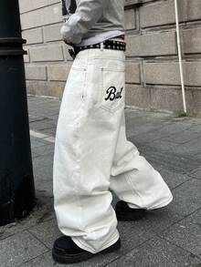 STEELVANCE 复古音符和笑脸字母“Bad”涂鸦印花宽松阔腿牛仔裤，休闲街头风直筒牛仔裤 - 白色 - 查看 5