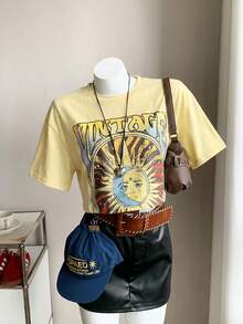 SHEIN Comfortcana 加大码粉色宽松太阳印花T恤，春夏款 - 淡黃色 - 查看 5