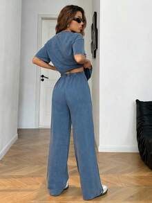 SHEIN EZwear 大码短袖T恤和裤子套装 - 藍色 - 查看 2
