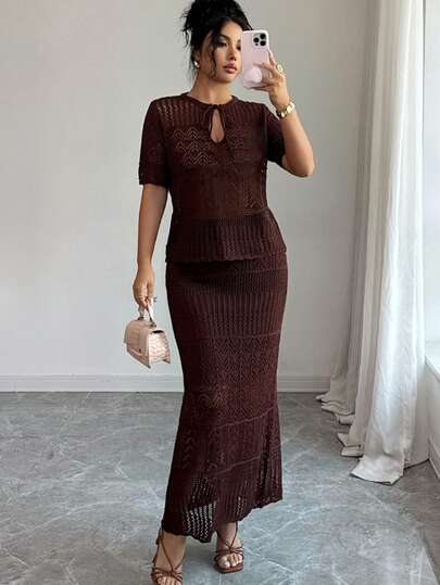 Elenzga Women's Spring/Summer New Round Neck Hollow Design Fitted Regular Short Sleeve Top & Elastic Waist Long Skirt 2-Piece Knit Sweater Set, Elegant Lady Style, Versatile Daily Wear