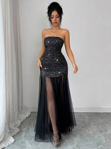 Elenzga 无袖宴会春夏新款女士黑色银点美人鱼褶皱腰身修身A字透视网纱性感法式优雅派对弹力针织紧身连衣裙 - 黑色 - 查看 6