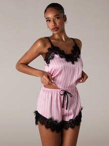 SHEIN BAE 对比色蕾丝条纹印花缎面睡衣套装/睡衣套装假日季节