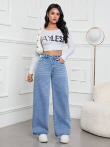 Jeanoix Jeans rectos de cintura alta lavados de manera casual - Lavado ligero - Ver 6