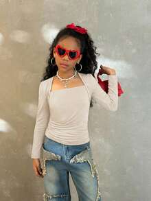 SHEIN Tween Girls Fall Fashionable Snug Fit T-Shirt With Raglan Sleeves, U-Neck, Ruched Waist, Stretchy - Apricot - View 3