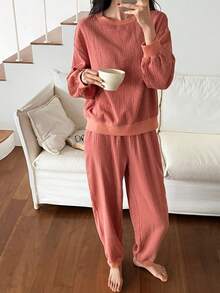 DAZY Red Plaid Sweatshirt Style Women Pajama Set - Red - View 6