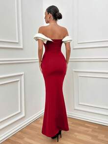 EURMUSE Two Tones Off Shoulder Ruffle Trim Bodycon Dress, Elegant Dress - Red - View 2