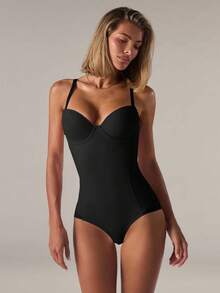 SHEIN BAE Women's Black High Stretch Body Slimming Shapewear Bodysuit With Contrast Mesh Detail