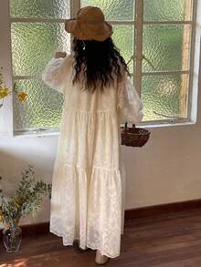 女士圆领灯笼袖蕾丝刺绣拼接浪漫长裙，甜美森林风夏季度假连衣裙 - 米色 - 查看 8