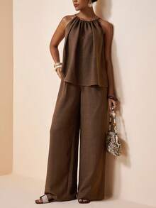 Zivah Women's Sleeveless Ruched Halter Top And Wide Leg Pants Casual Suit - Coffee Brown - View 8