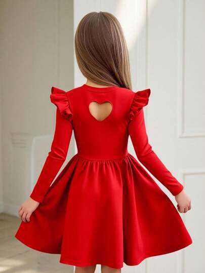 SHEIN Tween Girl Casual Cute Sweet Round Neck Ruffle Backless Heart Cutout Waist A-Line Dress, Girls Red Dress, Girls Valentine's Day Outfit