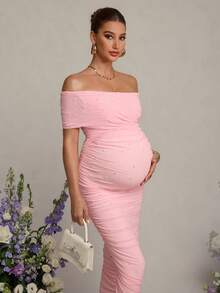 MaterniChic 孕妇纯色露肩褶皱仿珍珠装饰优雅派对连衣裙 - 粉色 - 查看 6