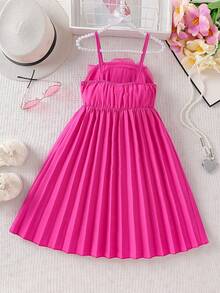 Glamorique Kids 女童纯色3D立体花卉装饰弹力腰A字褶皱连衣裙，适合海滩、生日派对、夏季穿着 - 玫紅色 - 查看 2