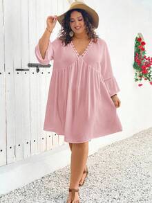 SHEIN CURVE+ Plus Size Holiday Casual White Flared Sleeve Bohemian Style Linen Dress Boho Vacation Plus Size Dress Plus Casual Dress Summer Plus Size Dress - Pink - View 8