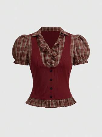 Chemise courte à manches courtes femme vintage gothique, patchwork à carreaux college 2 en 1